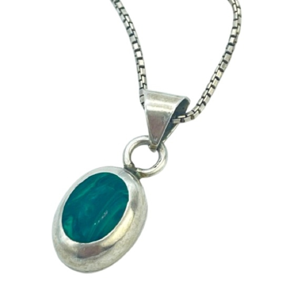 Vintage Silver Green Oval Malachite Pendant & Necklace 925 Sterling Jewelry - Picture 5 of 14